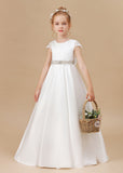 A Line Ivory Satin Cap Sleeve Flower Girl Dresses With Rhinestones