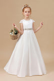 A Line Ivory Satin Cap Sleeve Flower Girl Dresses With Rhinestones