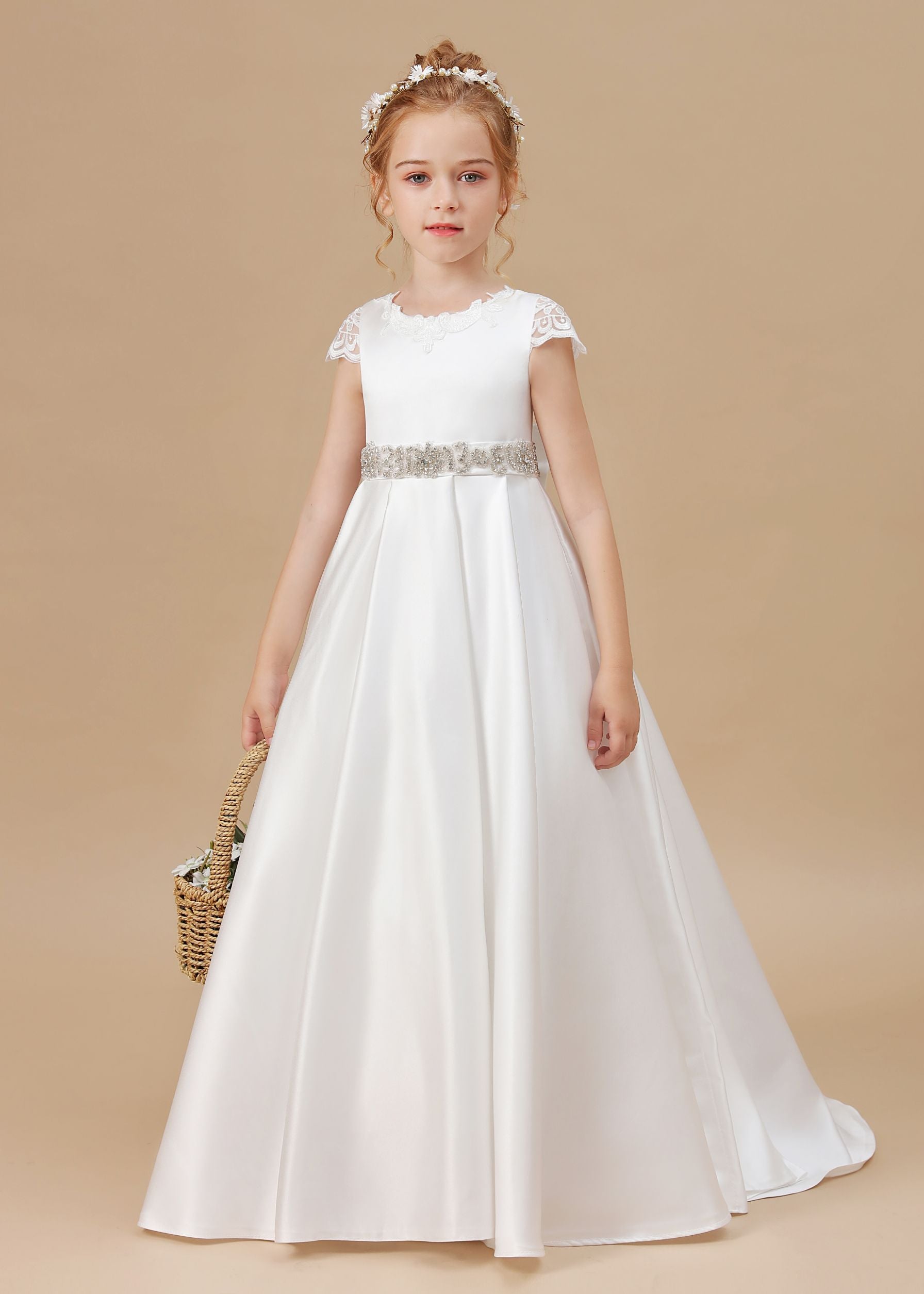 A Line Ivory Satin Cap Sleeve Flower Girl Dresses With Rhinestones