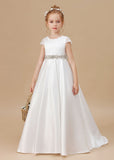 A Line Ivory Satin Cap Sleeve Flower Girl Dresses With Rhinestones