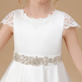 A Line Ivory Satin Cap Sleeve Flower Girl Dresses With Rhinestones