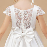 A Line Ivory Satin Cap Sleeve Flower Girl Dresses With Rhinestones