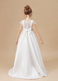 A Line Ivory Satin Cap Sleeve Flower Girl Dresses With Rhinestones