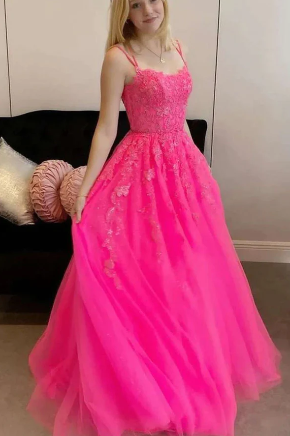 Hot Pink A Line Lace Appliques Spaghetti Straps Prom Dress