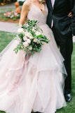 Puffy Spaghetti Straps V Neck Backless Asymmetrical Light Pink Long Wedding Dresses N1230