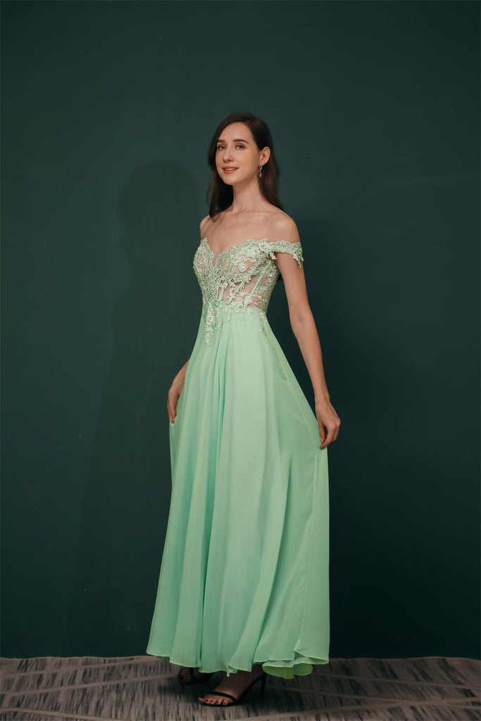 Off The Shoulder Charming Long Chiffon Prom Dresses With Appliques Y351034