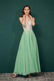 Elegant Side Split Long A Line Chiffon Backless Prom Dresses With Appliques Y321040