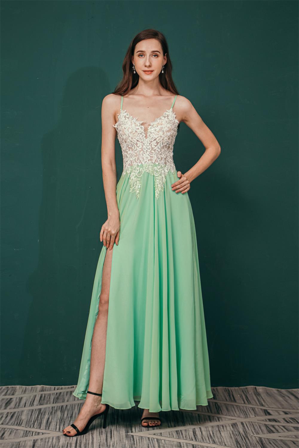 Elegant Side Split Long A Line Chiffon Backless Prom Dresses With Appliques Y321040