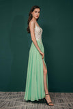 Elegant Side Split Long A Line Chiffon Backless Prom Dresses With Appliques Y321040