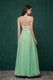 Elegant Side Split Long A Line Chiffon Backless Prom Dresses With Appliques Y321040