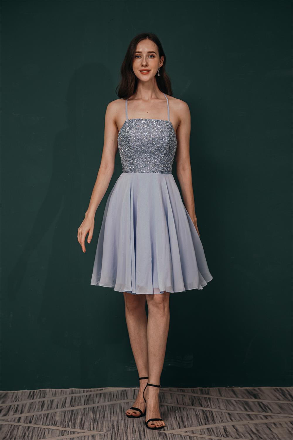 Cute Beading Chiffon Knee Length Short Homecoming Dresses Y301039