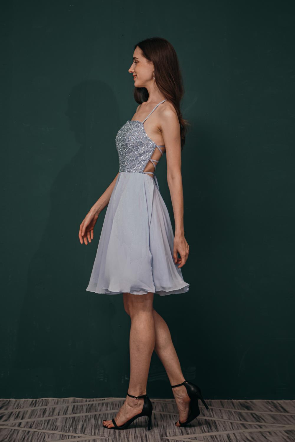 Cute Beading Chiffon Knee Length Short Homecoming Dresses Y301039