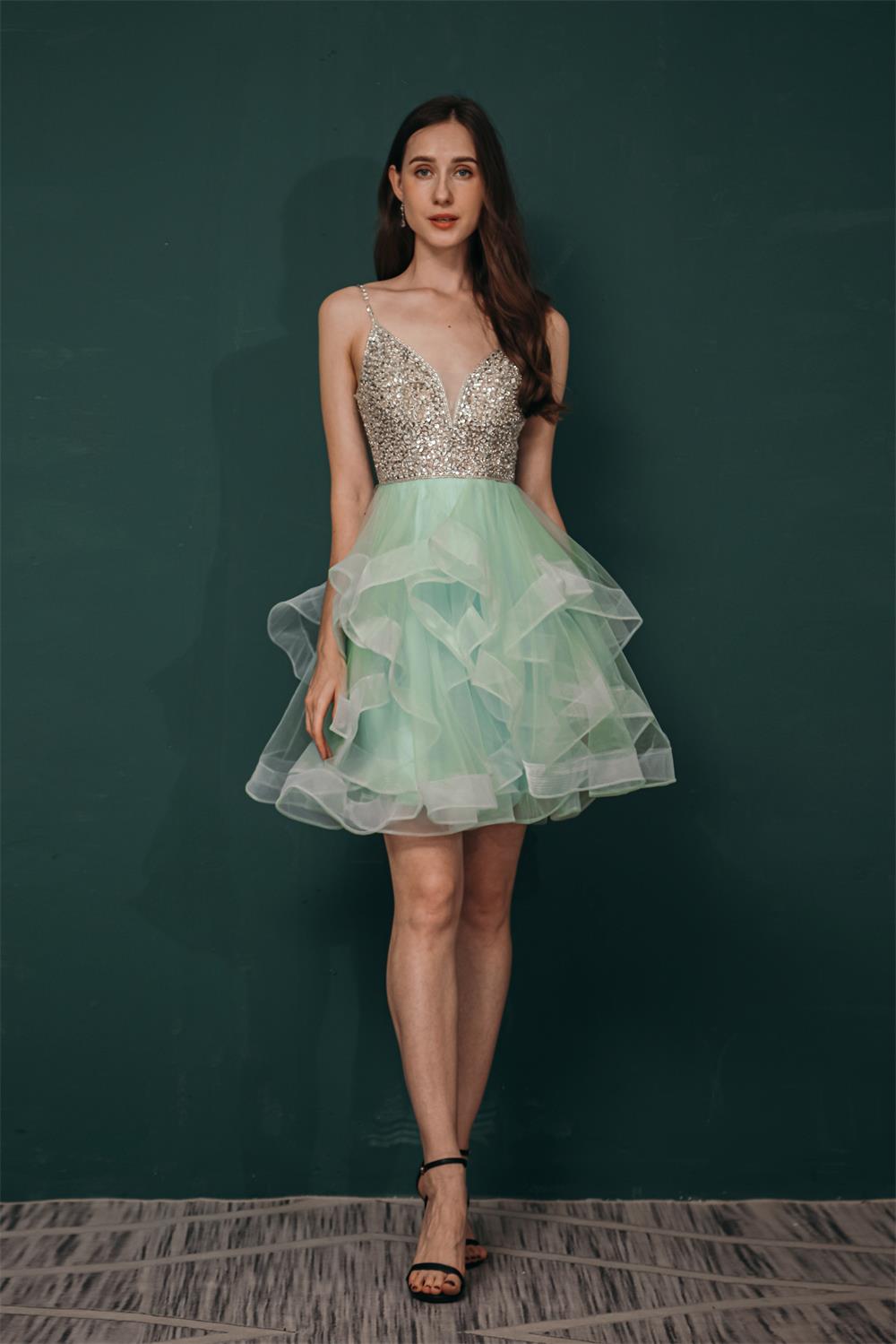 Spaghetti Straps Beading Tulle Homecoming Dresses Y341036