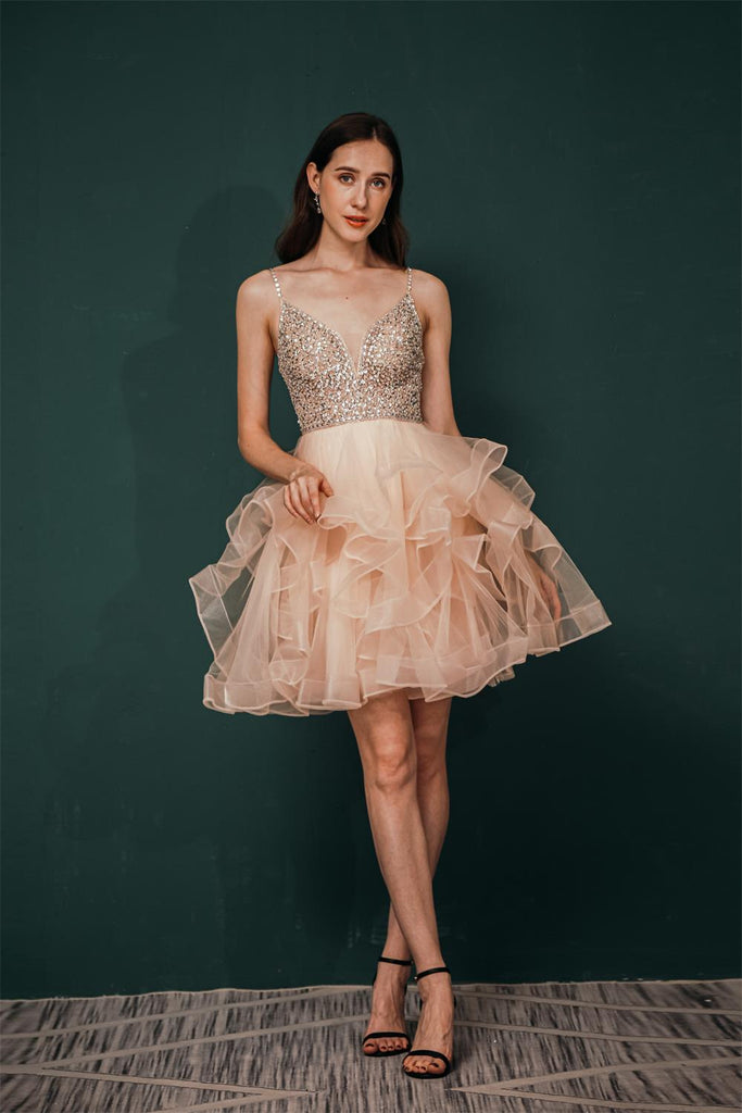 Spagehetti Straps Beading Tulle Homecoming Dresses Y341036