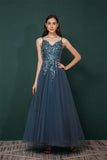 Pretty Long Tulle Prom Dresses Spaghetti Straps Prom Gowns With Appliques Y351032