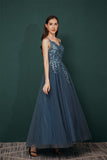 Pretty Long Tulle Prom Dresses Spaghetti Straps Prom Gowns With Appliques Y351032