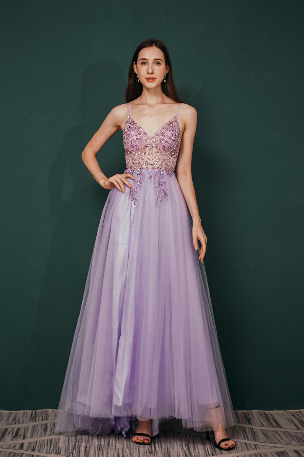 Stunning Front Split Spaghetti Straps Long A Line Beaded Prom Dresses Y351053