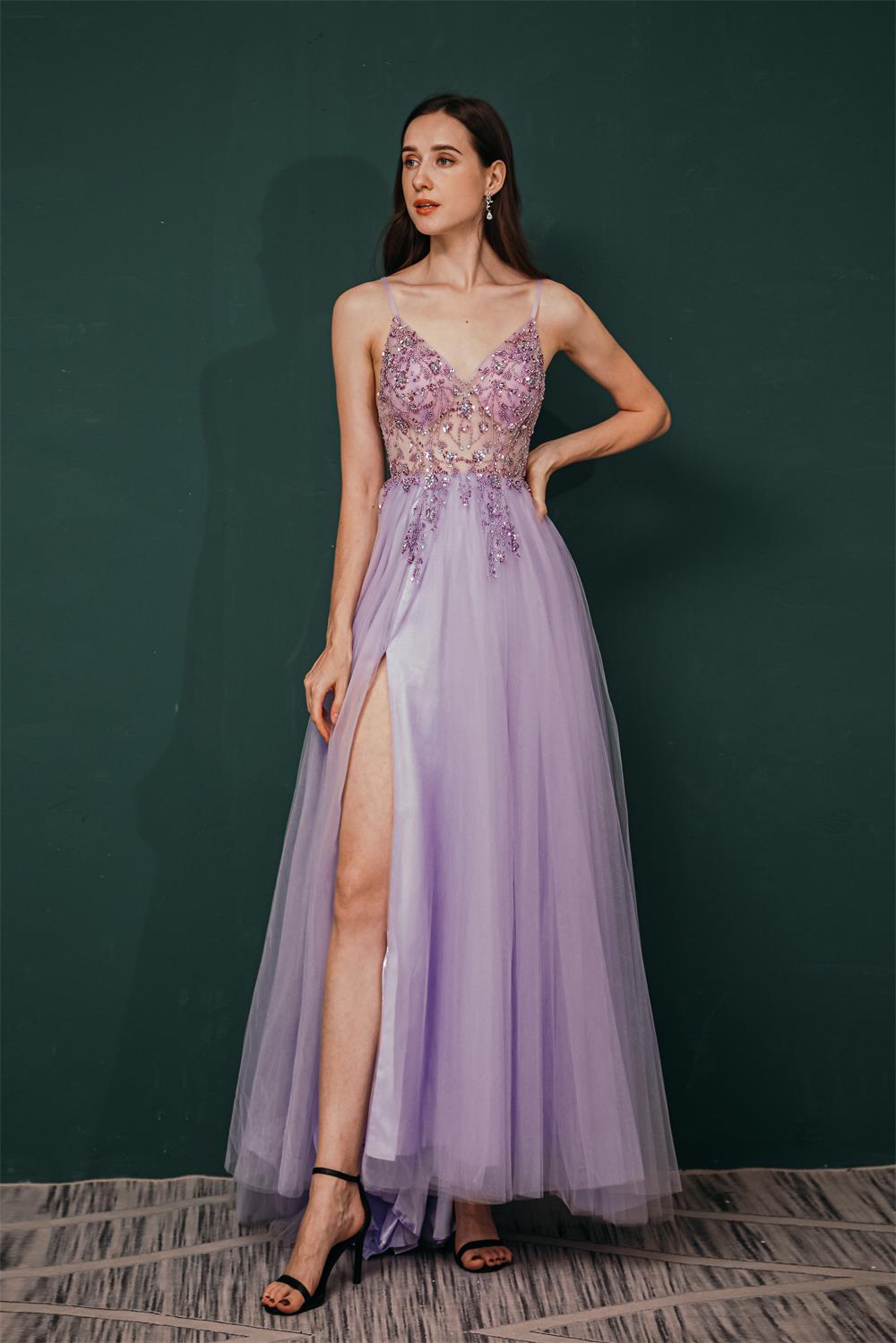 Stunning Front Split Spaghetti Straps Long A Line Beaded Prom Dresses Y351053