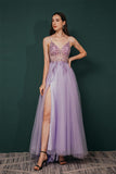 Stunning Front Split Spaghetti Straps Long A Line Beaded Prom Dresses Y351053