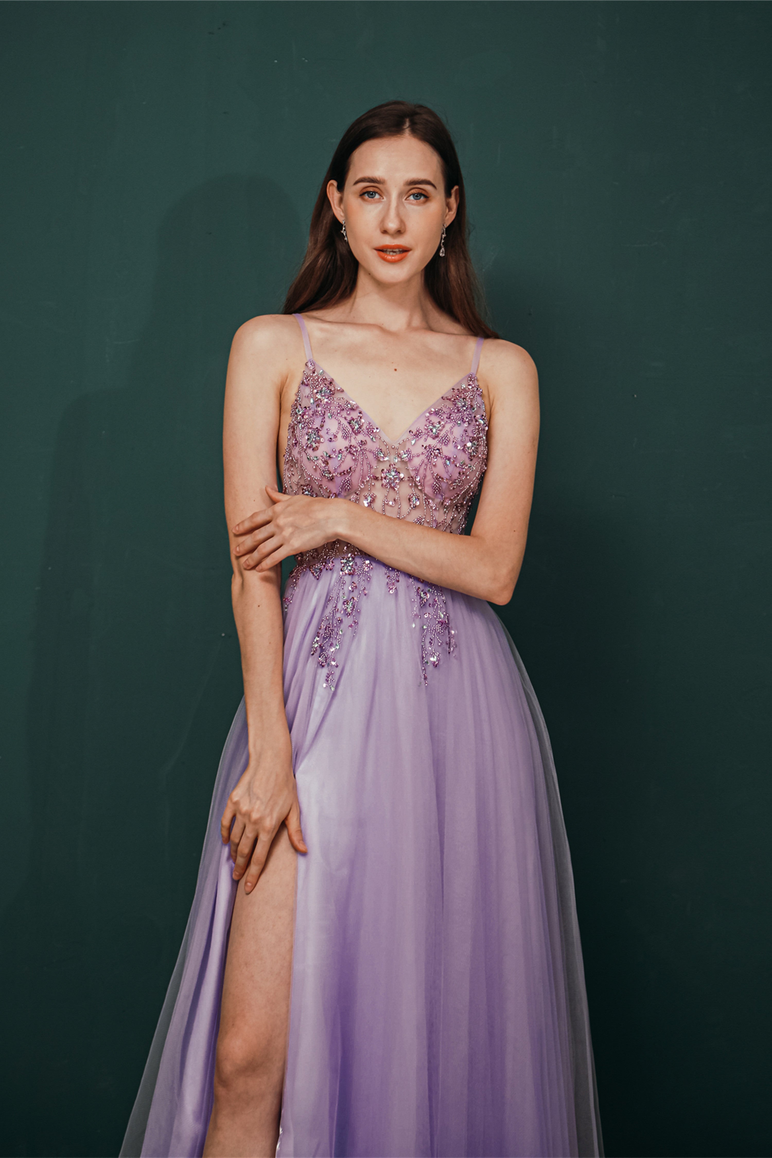 A Line Spaghetti Straps Beading Tulle Long Prom Dresses WH351053