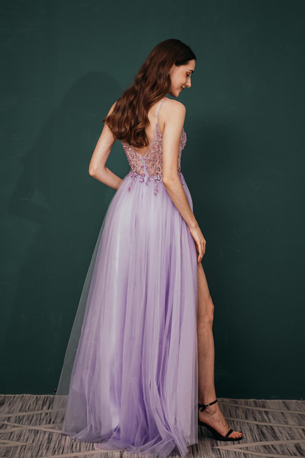 Stunning Front Split Spaghetti Straps Long A Line Beaded Prom Dresses Y351053
