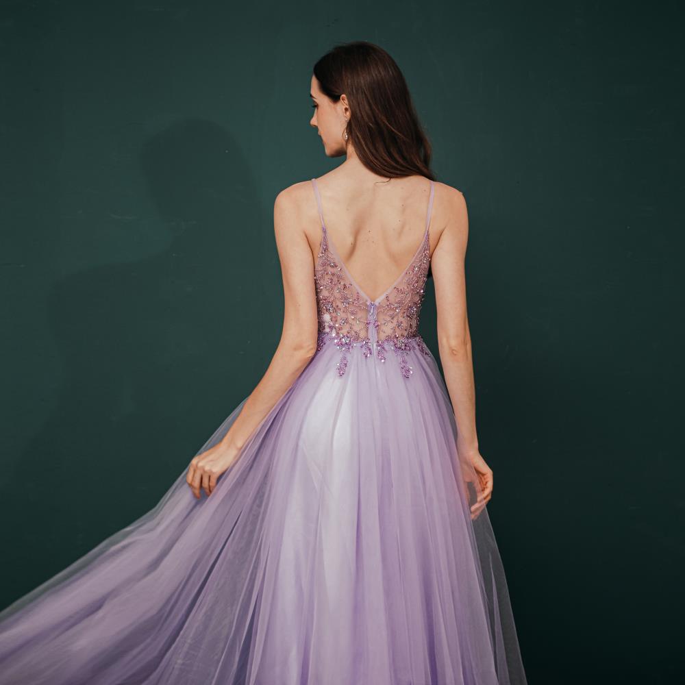 Stunning Front Split Spaghetti Straps Long A Line Beaded Prom Dresses Y351053