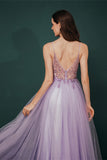 A Line Spaghetti Straps Beading Tulle Long Prom Dresses WH351053