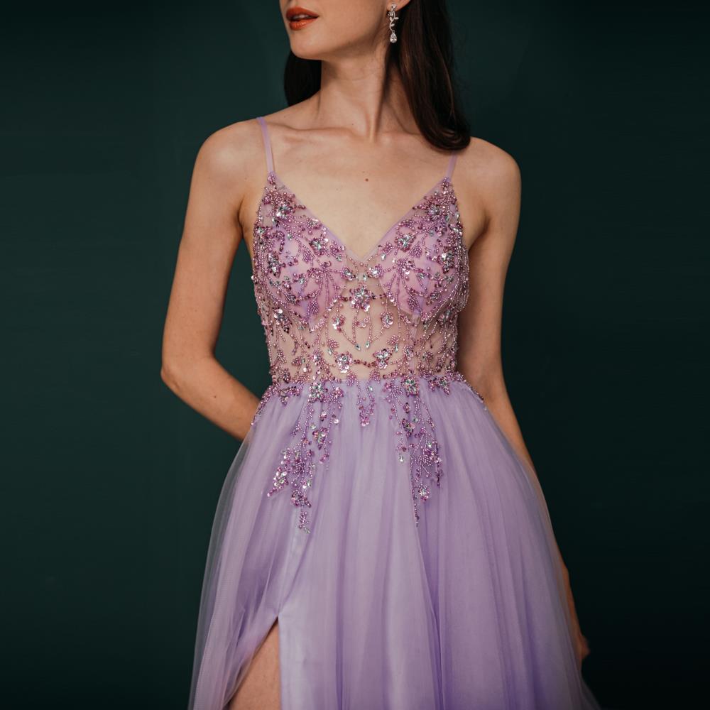 Stunning Front Split Spaghetti Straps Long A Line Beaded Prom Dresses Y351053