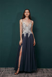 Elegant Side Split Long A Line Chiffon Backless Prom Dresses With Appliques Y321040