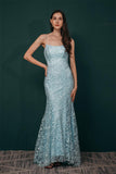 Pretty Sky Blue Backless Long Lace Spaghetti Straps Prom Dresses Event Dresses Y361047