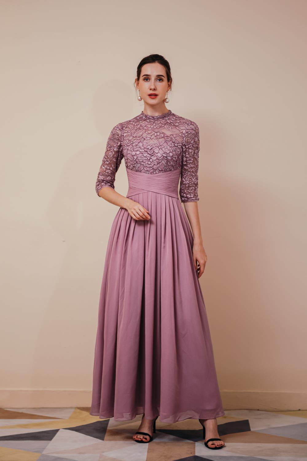 Lace Chiffon Long Zipper Back Prom Dresses With Sleeves Y351035