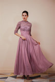 Lace Chiffon Long Zipper Back Prom Dresses With Sleeves Y351035