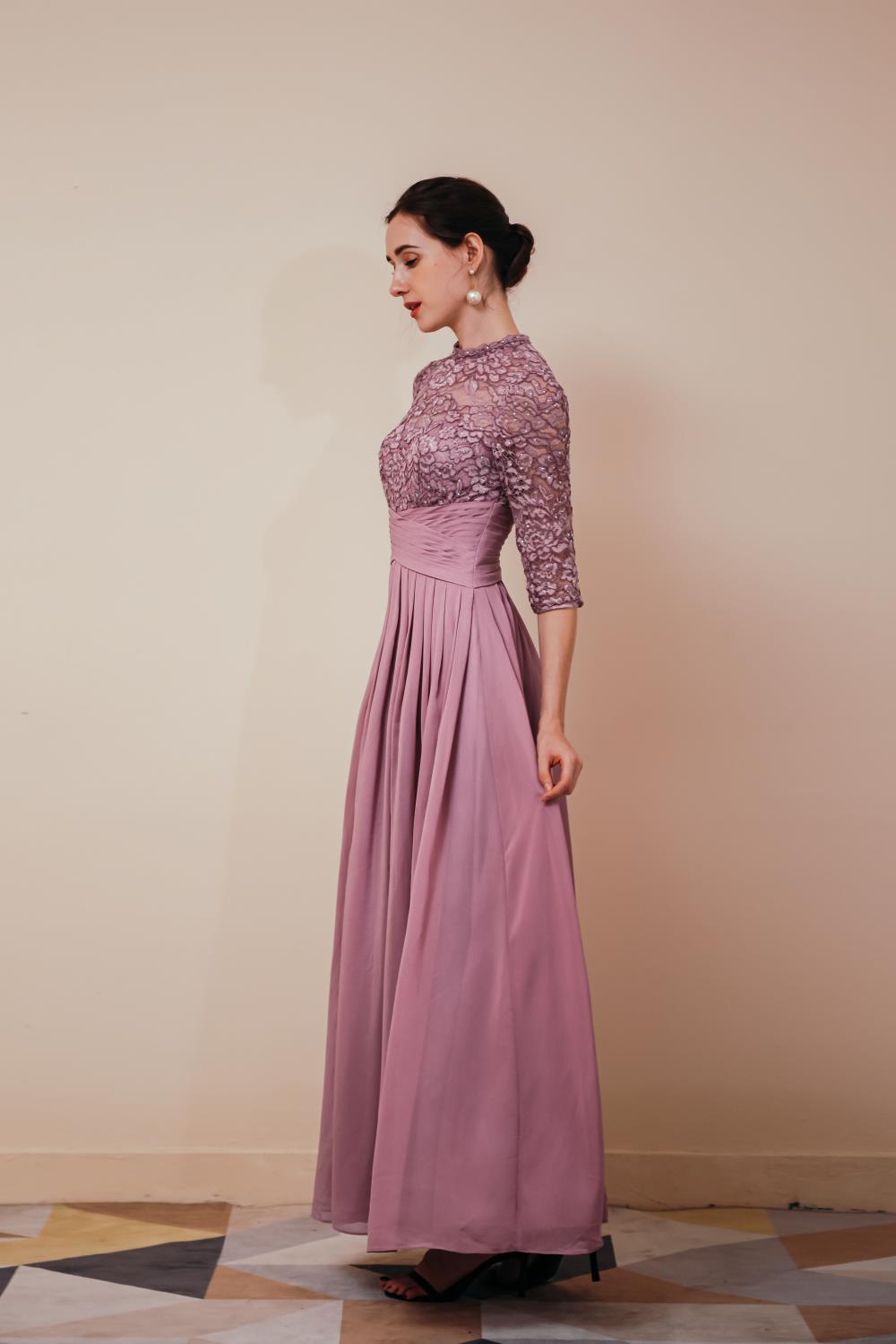 Lace Chiffon Long Zipper Back Prom Dresses With Sleeves Y351035