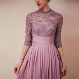 Lace Chiffon Long Zipper Back Prom Dresses With Sleeves Y351035