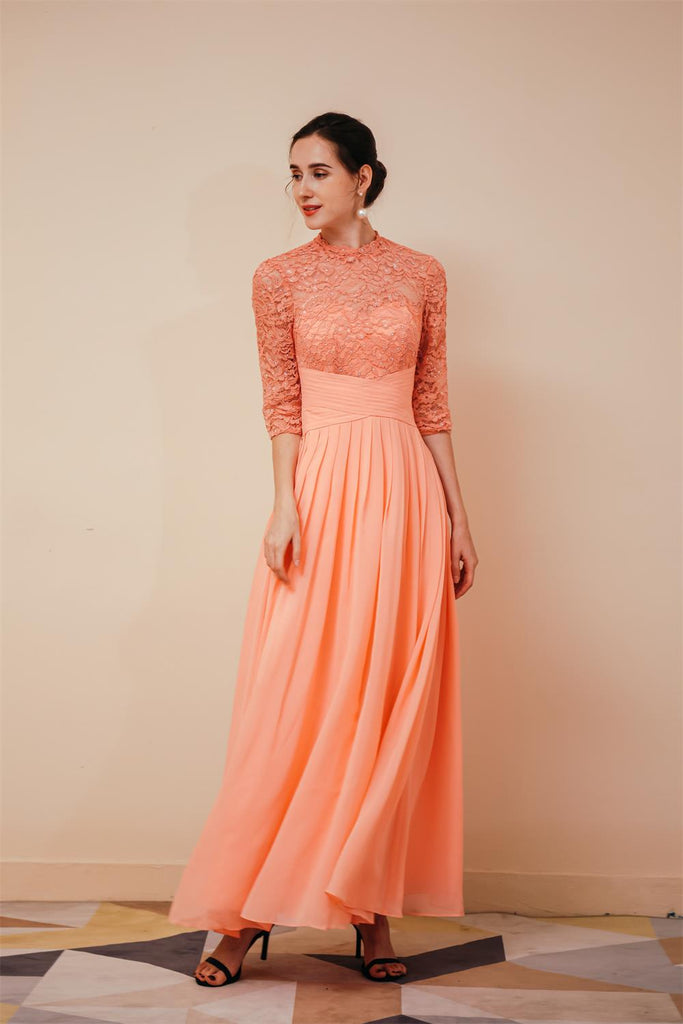 Lace Chiffon Long Zipper Back Prom Dresses With Sleeves Y351035