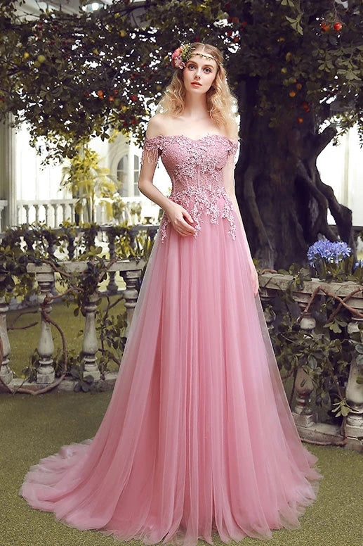 Pink Off the Shoulder Tulle Prom Dress with Lace Appliques, Long Evening Dresses N2677