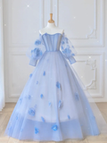 Cute Light Blue Long Sleeves Elegant Princess Dresses Prom Dresses Y0415