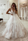 Charming A Line V Neck Tulle Wedding Dresses with Appliques N084