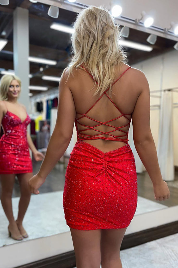 Sexy Charming Bodycon V-neck Red Beading Short Homecoming Dresses AB081604