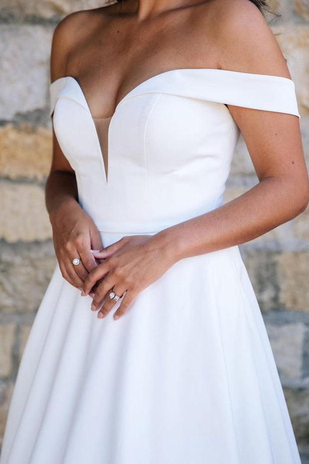 Elegant Off the Shoulder Satin Long Wedding Dresses N047