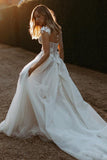 A Line Off the Shoulder Tulle Beach Wedding Dresses with Appliques N119