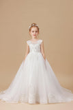 Ivory Sleevelesss Applique Sweep trailing Multi-Layer Tulle Flower Girl Dresses