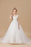 Ivory Sleevelesss Applique Sweep trailing Multi-Layer Tulle Flower Girl Dresses