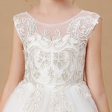 Ivory Sleevelesss Applique Sweep trailing Multi-Layer Tulle Flower Girl Dresses