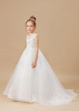 Ivory Sleevelesss Applique Sweep trailing Multi-Layer Tulle Flower Girl Dresses