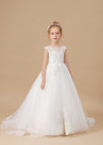 Ivory Sleevelesss Applique Sweep trailing Multi-Layer Tulle Flower Girl Dresses