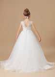 Ivory Sleevelesss Applique Sweep trailing Multi-Layer Tulle Flower Girl Dresses