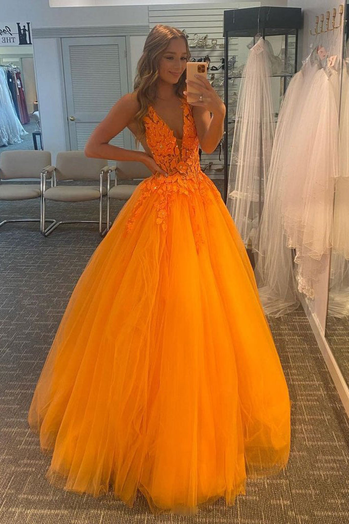 Orange V-Neck Tulle Lace A-Line Appliques Evening Dress Long Prom Dress