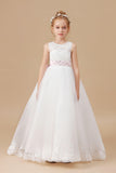 Floor-length Sleevelesss Lace Tulle Flower Girl Dresses With Pink Bowknot