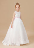 Floor-length Sleevelesss Lace Tulle Flower Girl Dresses With Pink Bowknot